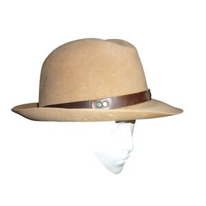 Churchill Ltd. Mens Camel Fedora Hat Leather Band Accents Wool Felt Trilby 7 1/4